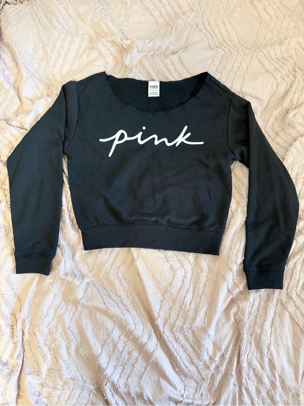 PINK Victoria's Secret Cropped Black Sweatshirt with White Label Detail
